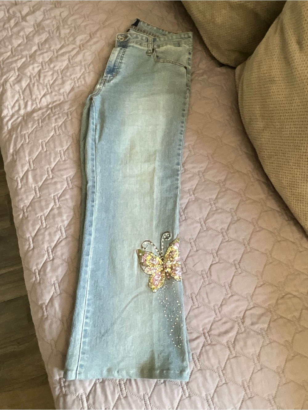 Angels Light Blue Boot Cut Jeans with Pink & Yellow Embroidered Butterfly - Picture 5 of 10